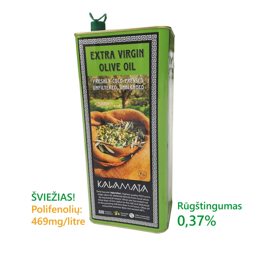 Šviežias ankstyvo derliaus, aitrus, ypač tyras, KALAMATA alyvuogių aliejus, 2025.10/11mėn. derlius