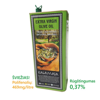 Šviežias ankstyvo derliaus, aitrus, ypač tyras, KALAMATA alyvuogių aliejus, 2025.10/11mėn. derlius